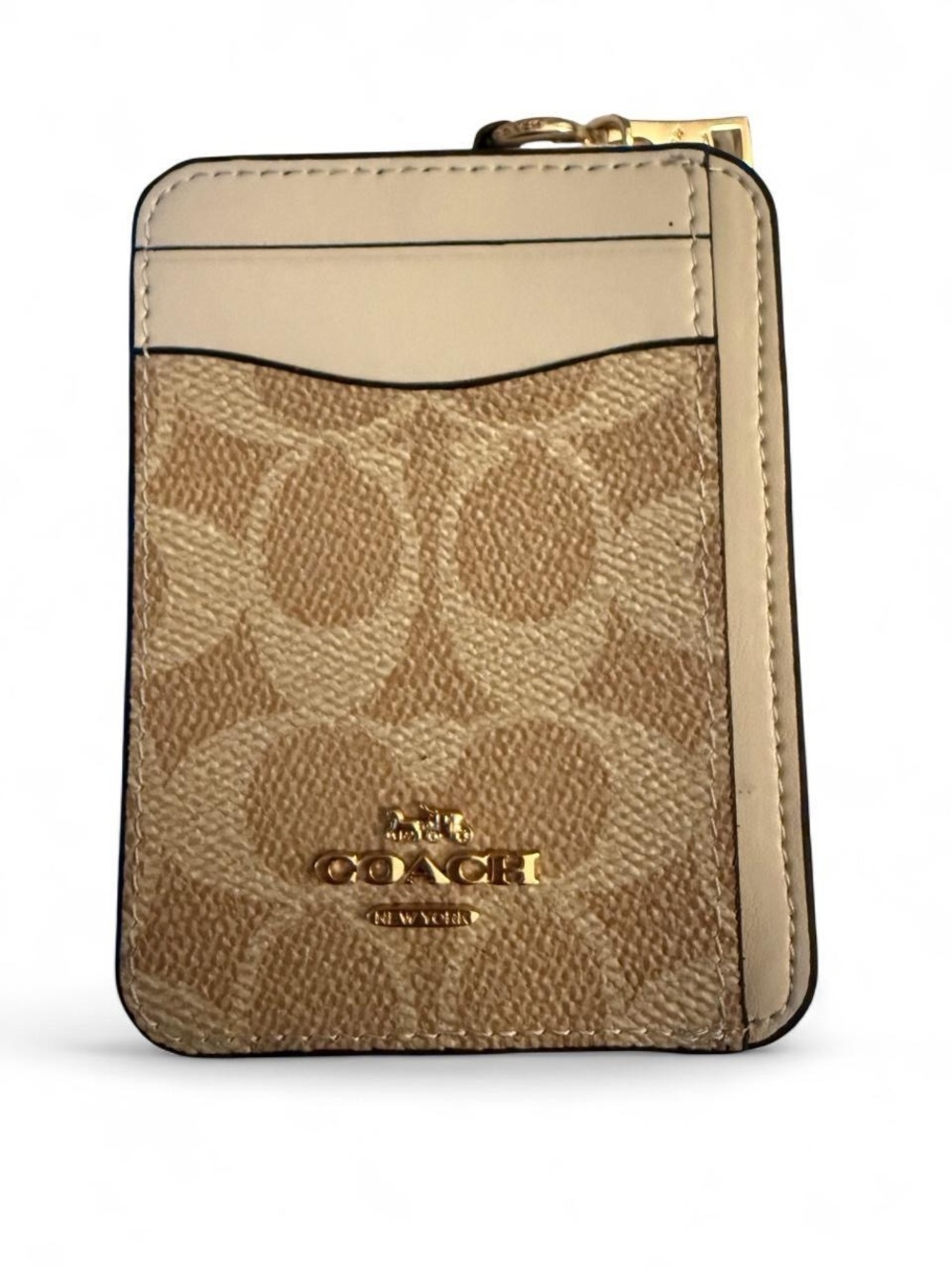 Coach Signature Canvas Card Case in Beige and Cream with Gold Logo